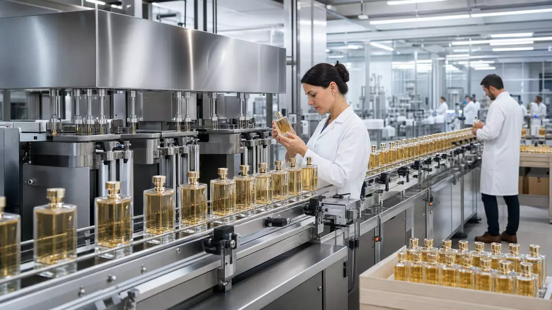 Moderne Parfum-Abfülllinie mit Mitarbeitern in weißen Kitteln bei Qualitätskontrolle
