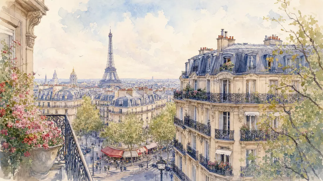 Aquarellmalerei einer eleganten Pariser Straße mit Blick auf den Eiffelturm
