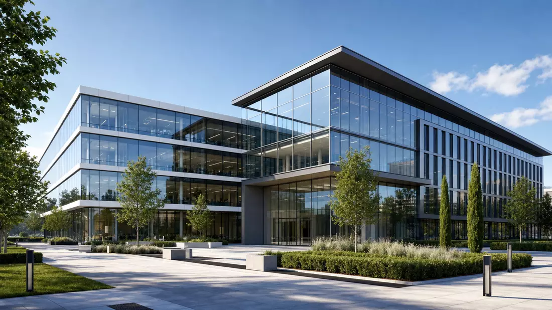 Architektur-Render eines modernen Glas- und Stahl-Firmengebäudes mit Grünanlage