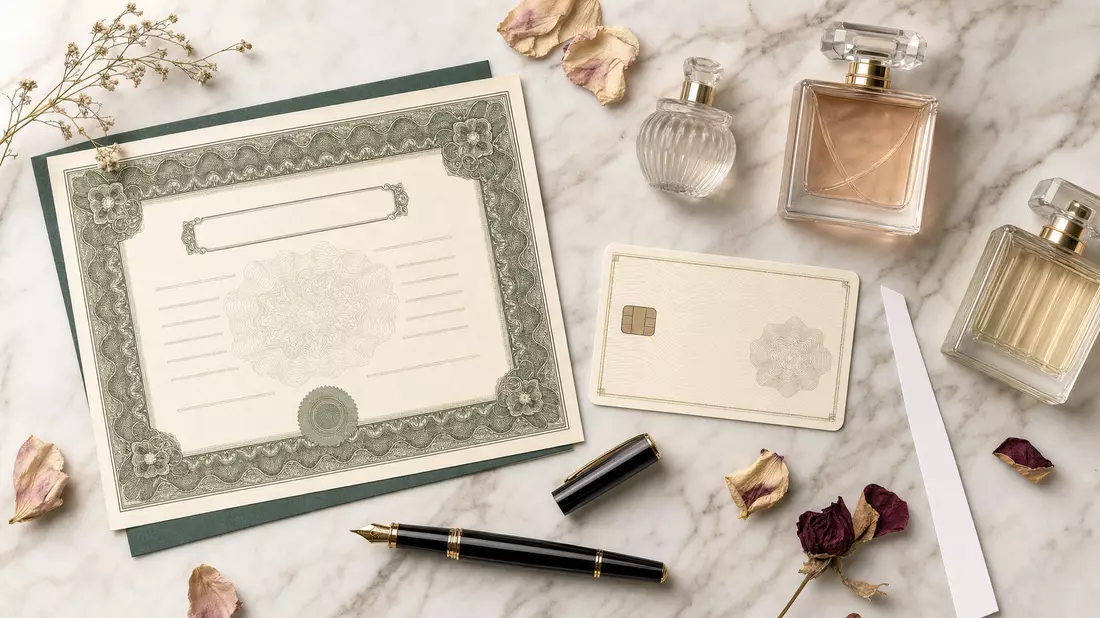 Flatlay mit Aktienzertifikat, ISIN-Karte und eleganten Parfumflakons auf Marmor