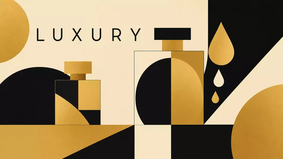 Bauhaus-Poster mit geometrischen Formen, Parfumflakons und dem Schriftzug LUXURY