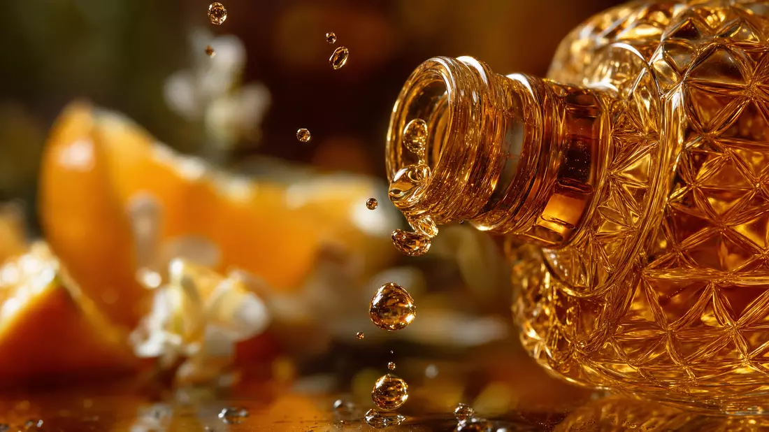 Makroaufnahme von goldenen Parfumtropfen mit Zitrusfrüchten im Hintergrund