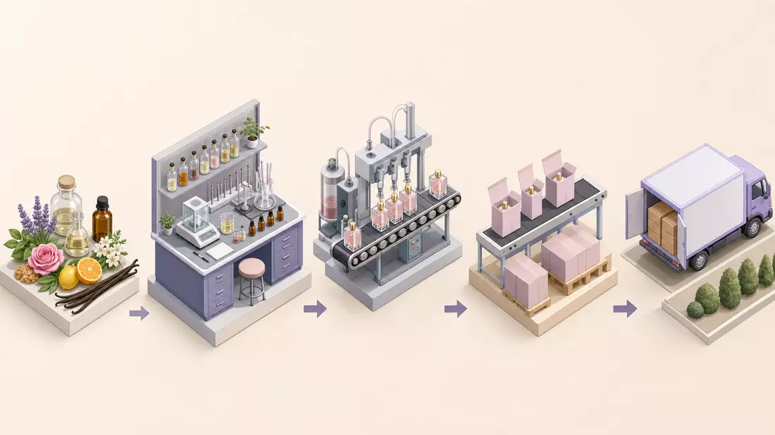 Isometrische 3D-Darstellung der Parfum-Wertschöpfungskette von Rohstoffen bis Vertrieb