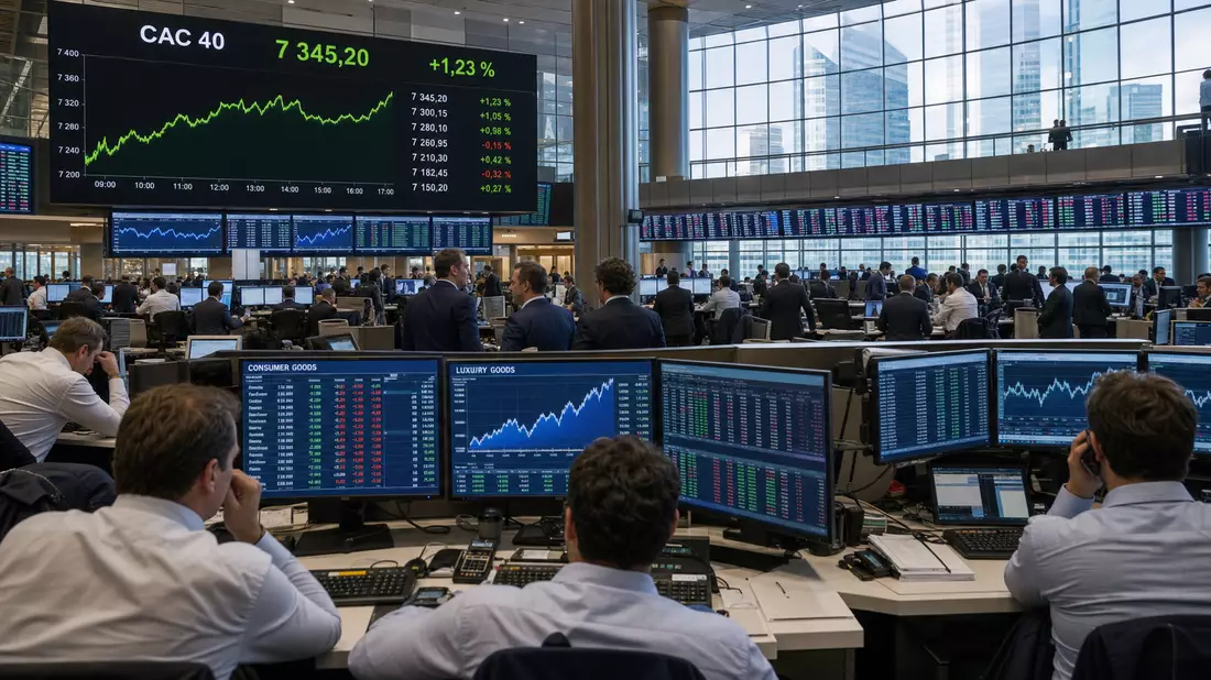 Trading-Floor mit CAC-40-Kurstafel und Charts für Konsumgüter- und Luxusaktien