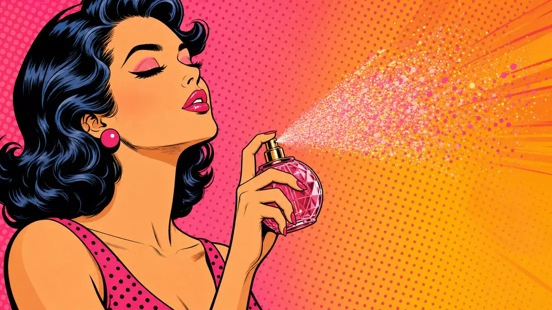Pop-Art-Comic einer Frau, die sich farbenfroh mit Parfum aus einem Flakon einsprüht
