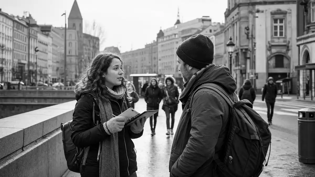 Schwarzweiß-Reportagefoto einer Straßenumfrage in europäischer Innenstadt