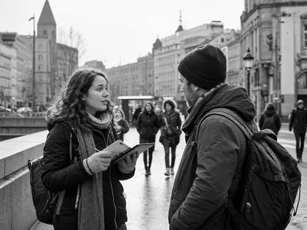 Ipsos SA (ISIN FR0000073298) dokumentarische Schwarzweiß-Aufnahme einer Straßenumfrage in belebter europäischer Innenstadt am Tag - Foto: THN