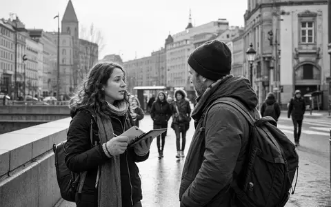 Ipsos SA (ISIN FR0000073298) dokumentarische Schwarzweiß-Aufnahme einer Straßenumfrage in belebter europäischer Innenstadt am Tag - Foto: THN