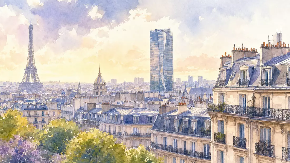 Aquarellmalerei der Pariser Skyline mit modernem Bürohochhaus