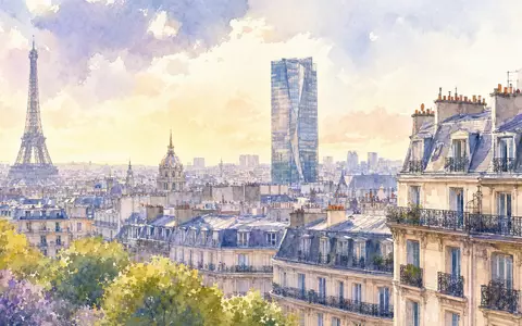 Ipsos SA (ISIN FR0000073298) Aquarellbild der Pariser Skyline mit modernem Bürohochhaus und historischen Gebäuden - Foto: THN