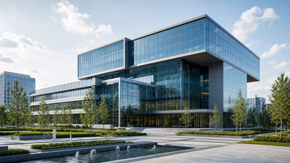 Architektur-Render eines modernen Glas-Bürogebäudes im Geschäftsviertel