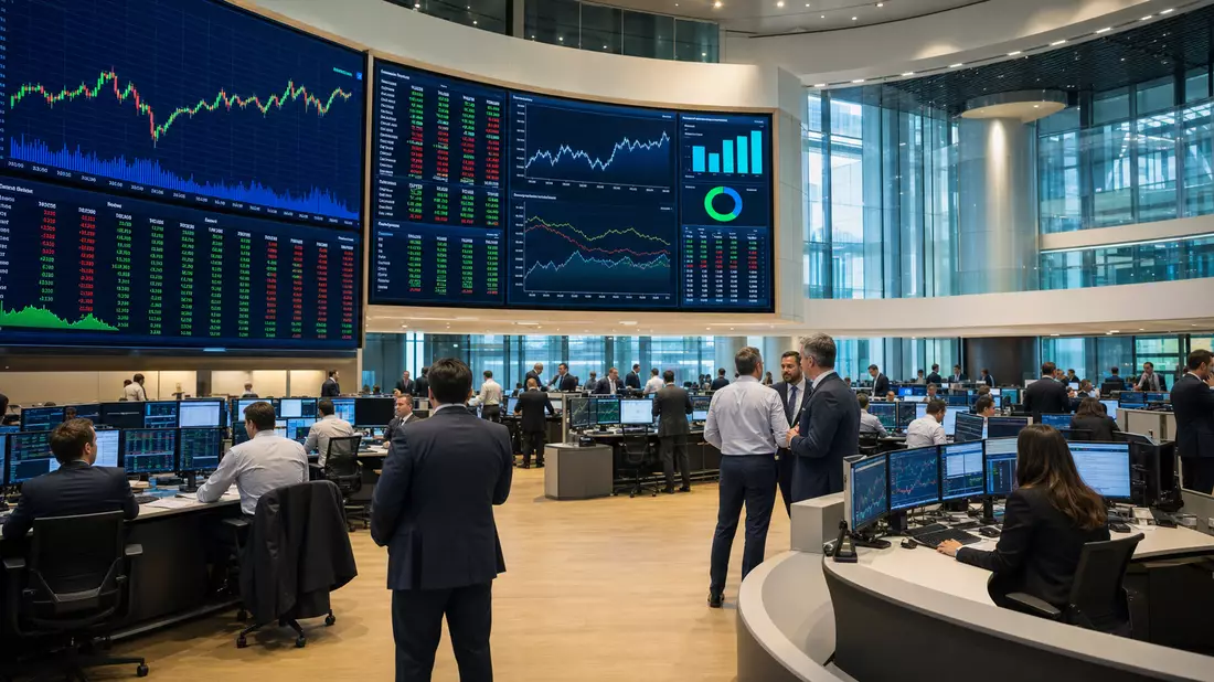 Editorialfoto vom Trading-Floor der Euronext Paris mit Finanzcharts