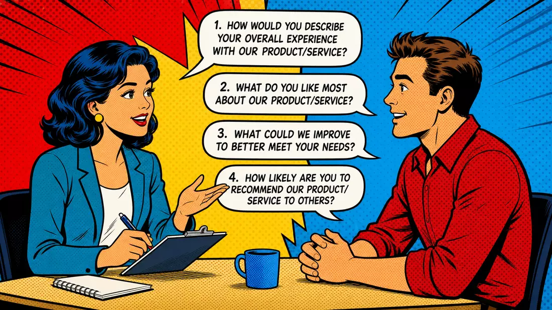 Pop-Art-Comic-Szene mit Marktforscherin und Kunde im Umfrage-Interview