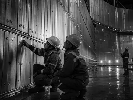 Gaztransport & Technigaz SA (FR0011726835): Ingenieure prüfen in Schwarzweiß Membranpaneele im Tankinneren auf der Werft - Foto: THN