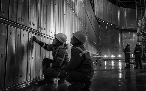 Gaztransport & Technigaz SA (FR0011726835): Ingenieure prüfen in Schwarzweiß Membranpaneele im Tankinneren auf der Werft - Foto: THN