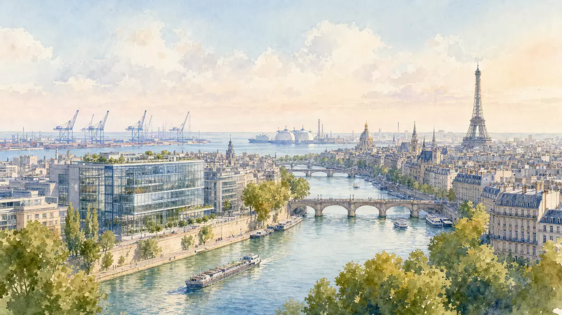Aquarellmalerei der Pariser Skyline mit Seine und fernem LNG-Terminal