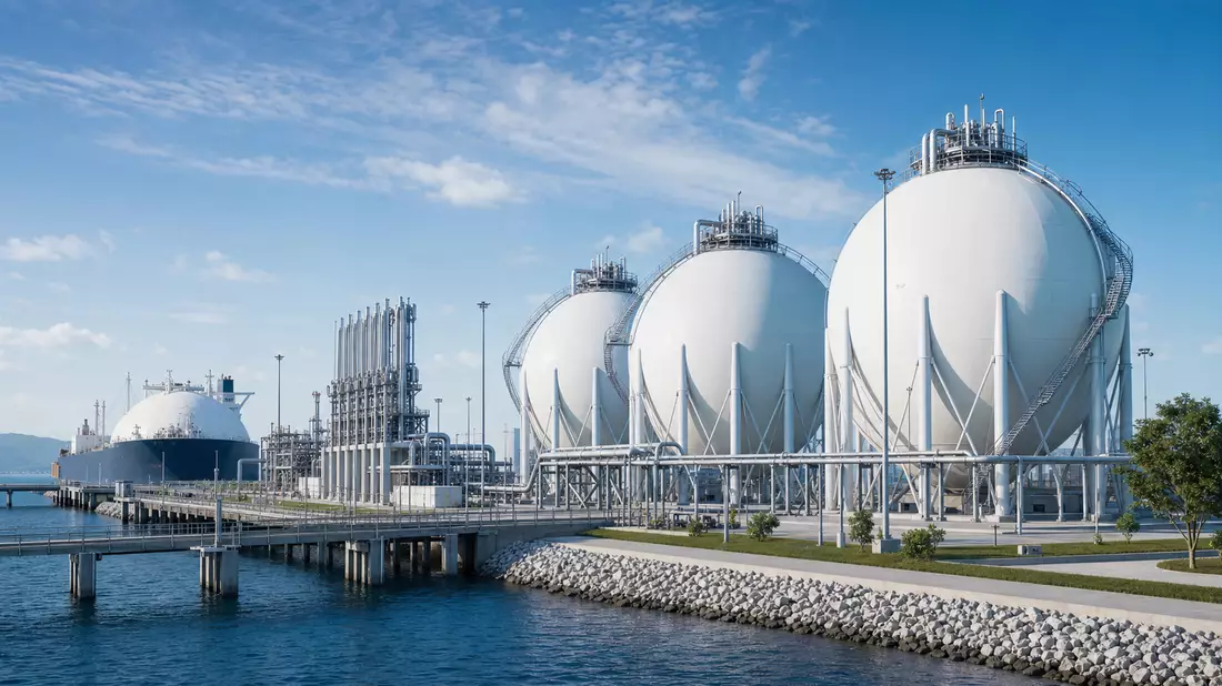 Architektonisches 3D-Render eines LNG-Speicherterminals mit Kugeltanks