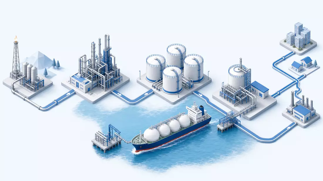 Isometrisches 3D-Diagramm der LNG-Wertschöpfungskette mit Tanker und Terminal