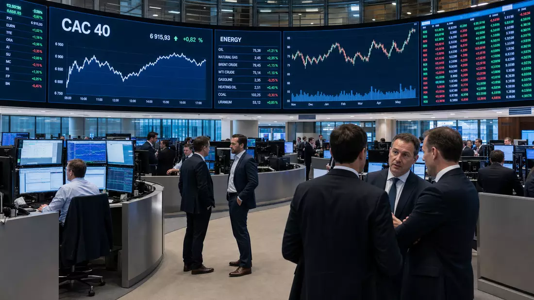 Trading-Floor mit CAC-40-Chart-Anzeigen und Energiedaten auf Bildschirmen