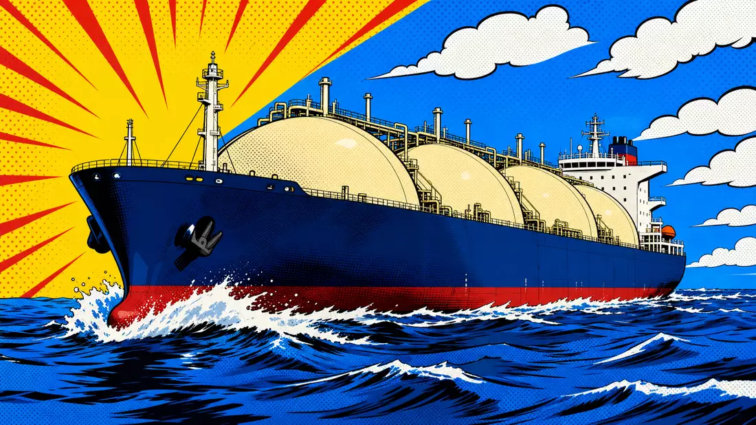 Bunte Pop-Art-Comicillustration eines LNG-Tankers auf dem Meer