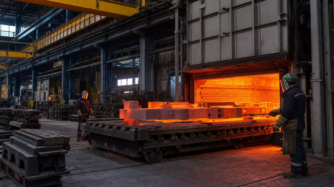 Glühende Stahlteile in industrieller Wärmebehandlungsanlage mit Arbeitern in Schutzausrüstung