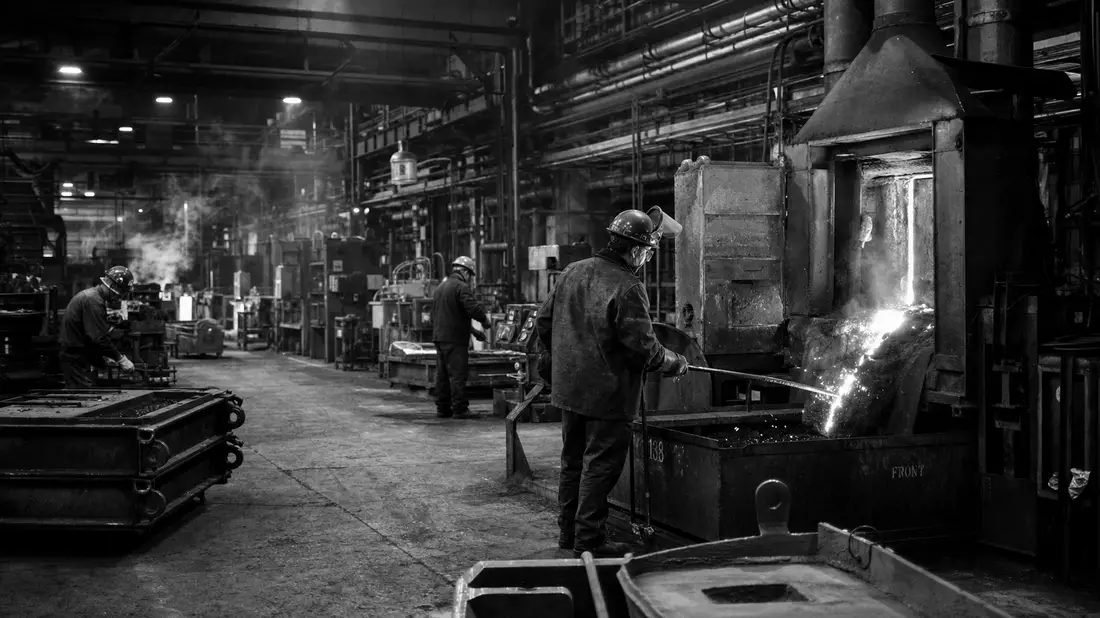 Schwarzweiß-Dokumentarfoto von Arbeitern an Industrieanlagen in einer Metallverarbeitungshalle