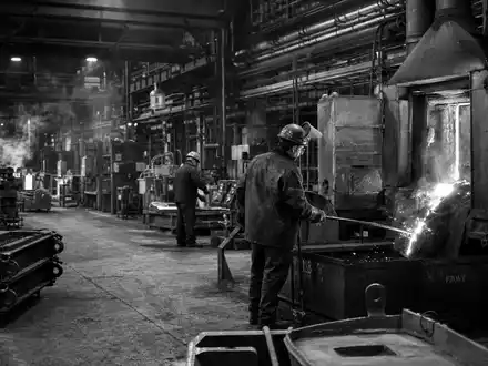 Dokumentarische Schwarzweiß-Reportage aus einem Metallverarbeitungswerk von Bodycote plc, ISIN GB00B3FLWH99, mit Arbeitern an Maschinen - Foto: THN