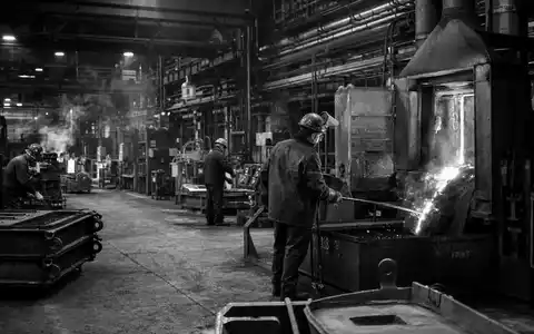 Dokumentarische Schwarzweiß-Reportage aus einem Metallverarbeitungswerk von Bodycote plc, ISIN GB00B3FLWH99, mit Arbeitern an Maschinen - Foto: THN