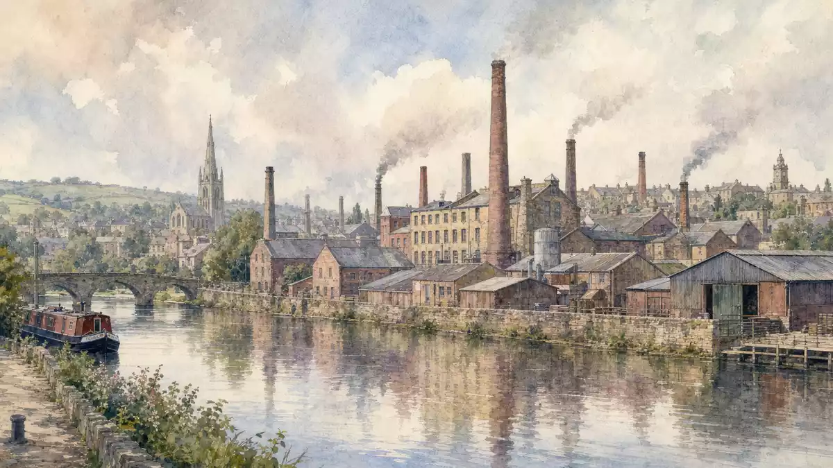 Aquarellbild einer englischen Industriestadt mit Fabrikgebäuden und Schornsteinen am Fluss