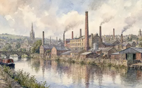 Aquarellmalerei einer britischen Industriestadt mit Fabrikschornsteinen am Fluss, passend zu Bodycote plc, ISIN GB00B3FLWH99 - Foto: THN