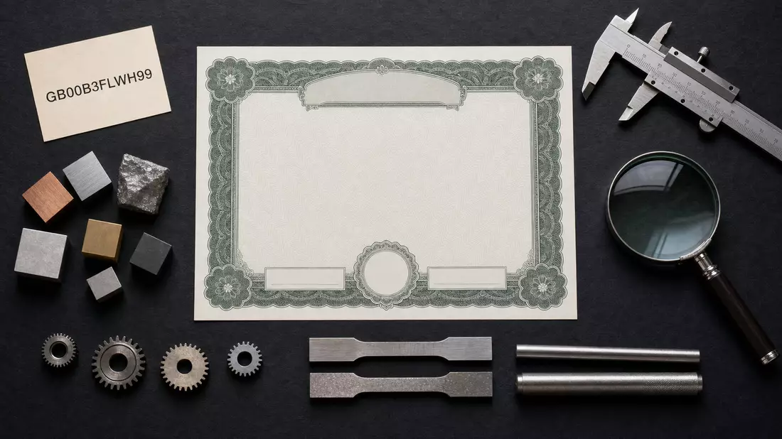 Flatlay mit Aktienzertifikat, ISIN-Kärtchen, Metallwürfeln und Messwerkzeugen auf dunklem Untergrund