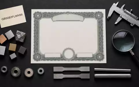 Flatlay-Arrangement mit Aktienzertifikat, kleiner ISIN-Karte GB00B3FLWH99 und Metallproben symbolisiert das Unternehmen Bodycote plc - Foto: THN