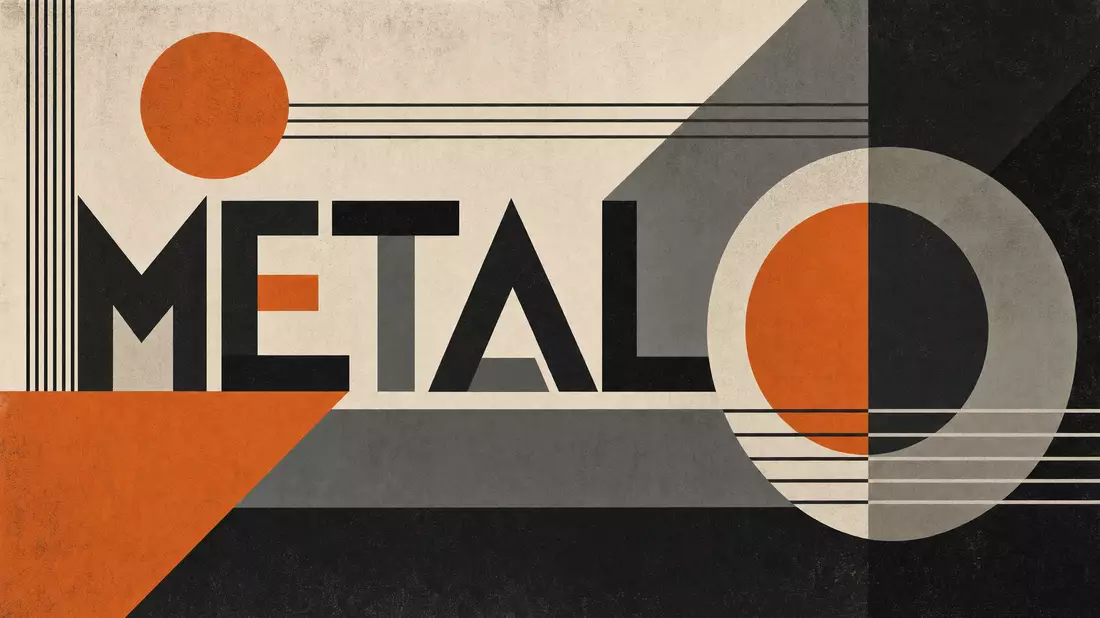Bauhaus-Poster mit geometrischen Formen und großem Schriftzug METAL in Orange, Grau und Schwarz