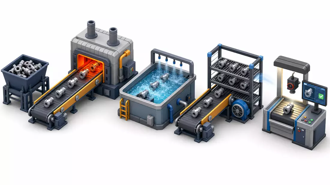 Isometrisches 3D-Diagramm einer Prozesskette mit Ofen, Härtebad, Kühlregalen und Prüfstation