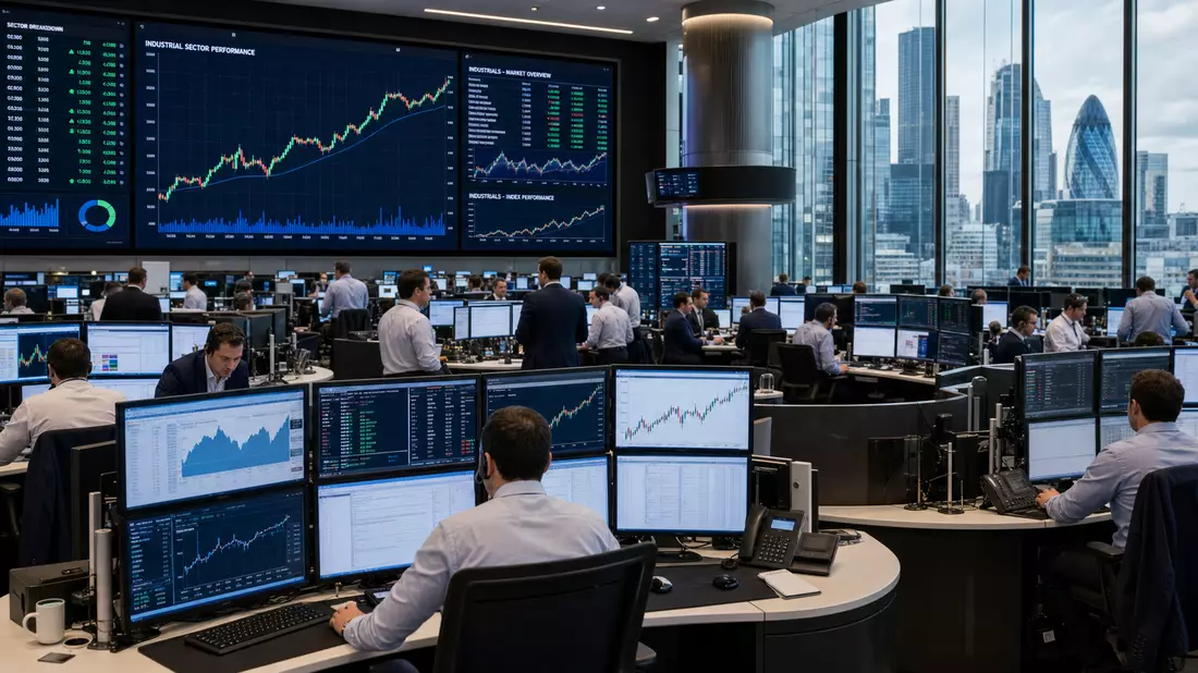 Trading-Floor in London mit großen Bildschirmen und Charts zur Industriesektor-Performance