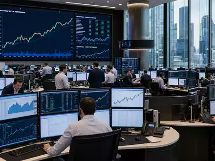 Börsen-Editorialfoto eines Trading-Floors in London mit Industriesektor-Charts, thematisch verbunden mit Bodycote plc, ISIN GB00B3FLWH99 - Foto: THN