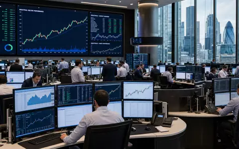 Börsen-Editorialfoto eines Trading-Floors in London mit Industriesektor-Charts, thematisch verbunden mit Bodycote plc, ISIN GB00B3FLWH99 - Foto: THN