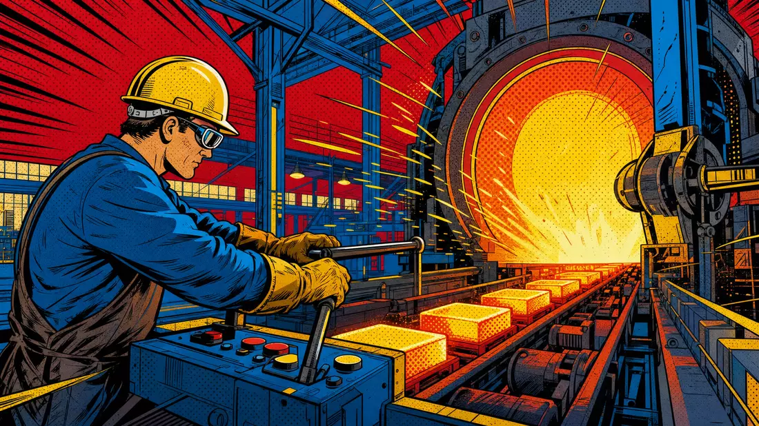 Bunte Pop-Art-Comicszene eines Arbeiters an einem glühenden Industrieofen mit Metallteilen