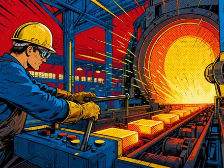 Pop-Art-Comic-Szene eines Arbeiters an einem Industrieofen mit Metallteilen, farbenfroh gestaltet für Bodycote plc, ISIN GB00B3FLWH99 - Foto: THN