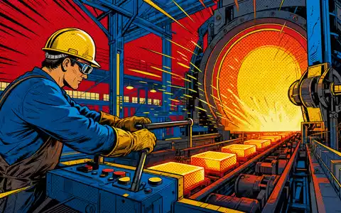 Pop-Art-Comic-Szene eines Arbeiters an einem Industrieofen mit Metallteilen, farbenfroh gestaltet für Bodycote plc, ISIN GB00B3FLWH99 - Foto: THN
