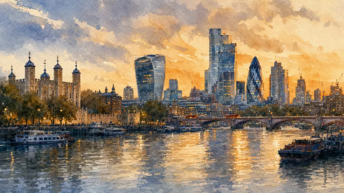 Aquarellgemälde der Londoner Skyline entlang der Themse bei Sonnenuntergang