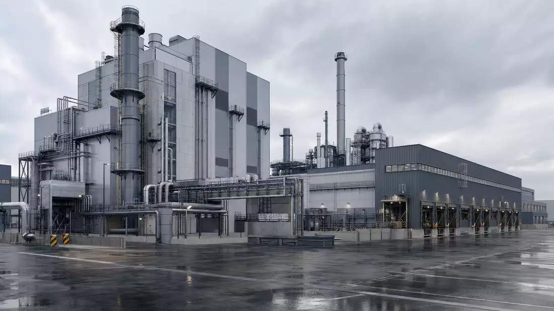 Architekturvisualisierung einer modernen Industrieanlage mit Fabrikgebäude und Schornsteinen