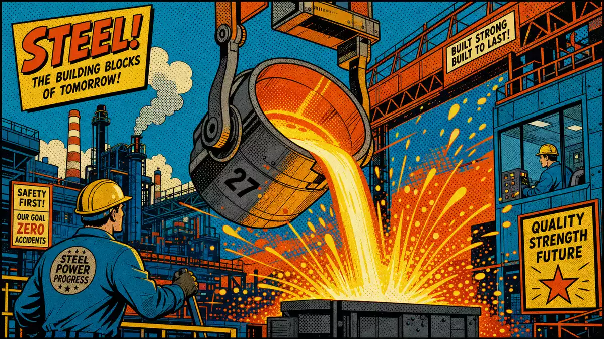 Retro-Pop-Art-Comicbild einer Stahlwerkszene mit glühender Gießpfanne und Funken