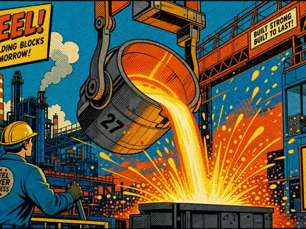 Vesuvius plc Stahlwerk als bunter Retro Pop Art Comic mit glühender Giesspfanne ISIN GB00B82YXW83 - Foto: THN