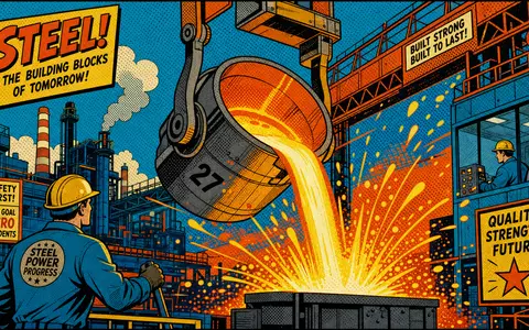 Vesuvius plc Stahlwerk als bunter Retro Pop Art Comic mit glühender Giesspfanne ISIN GB00B82YXW83 - Foto: THN