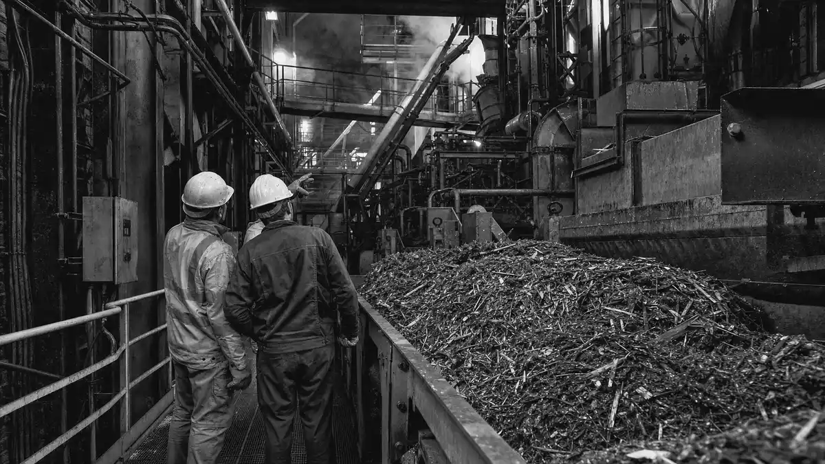 Schwarzweiß-Dokumentarfoto von Arbeitern an Biomasse-Förderanlage im Kraftwerk