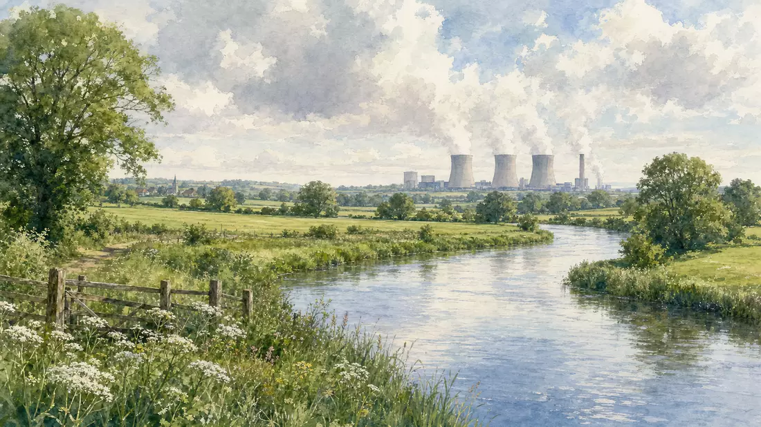 Aquarell einer grünen Flusslandschaft mit fernen Kraftwerkstürmen am Horizont