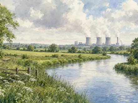 Aquarellmalerei einer Flusslandschaft nahe dem Kraftwerk von Drax Group plc, ISIN GB00B1VNSX38, mit Kühltürmen - Foto: THN