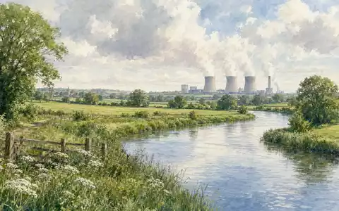 Aquarellmalerei einer Flusslandschaft nahe dem Kraftwerk von Drax Group plc, ISIN GB00B1VNSX38, mit Kühltürmen - Foto: THN