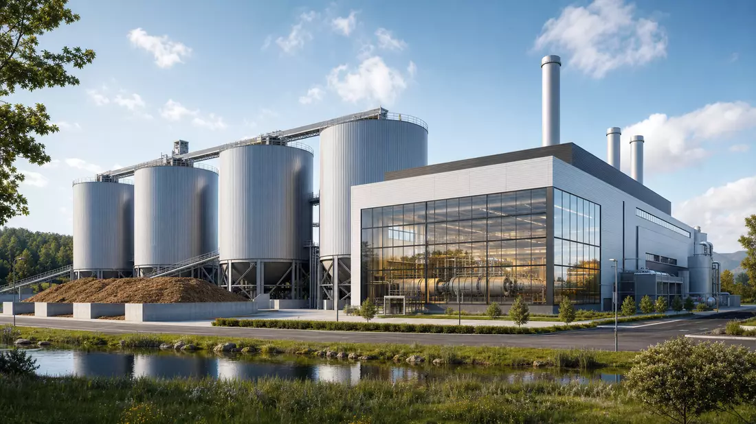 Modernes 3D-Render einer Biomasseanlage mit Lagersilos und gläserner Turbinenhalle